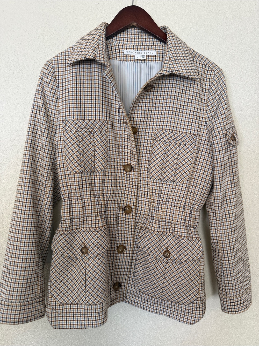 Veronica Beard Tan and Cream Plaid Utility Jacket